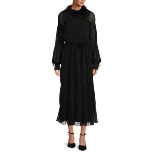 nwt Gibson & Latimer BLACK PLEATED MIDI DRESS with feather trim MEDIUM